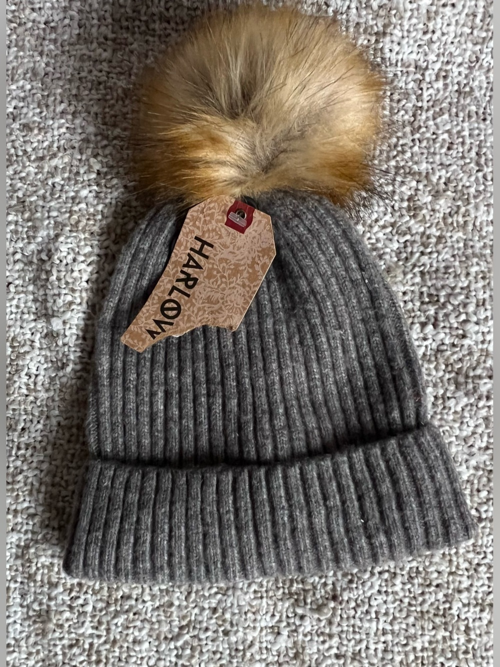 NWT Harlow Ribbed Faux Fur Pom-Pom Beanie β Charcoal Grey (One Size)